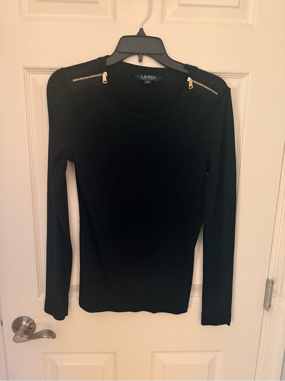 Lauren Ralph Lauren Black Long-Sleeve Top with Gold Shoulder Zips